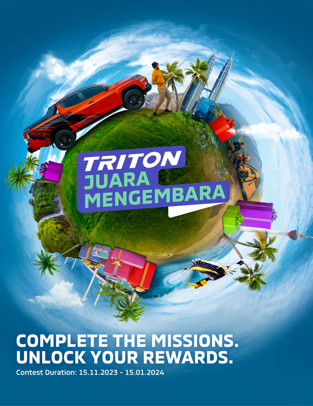 Sertai kempen Mitsubishi Motors Triton Juara Mengembara dan selesaikan misi dari mana-mana sahaja di Malaysia menggunakan trak pikap Mitsubishi Triton anda